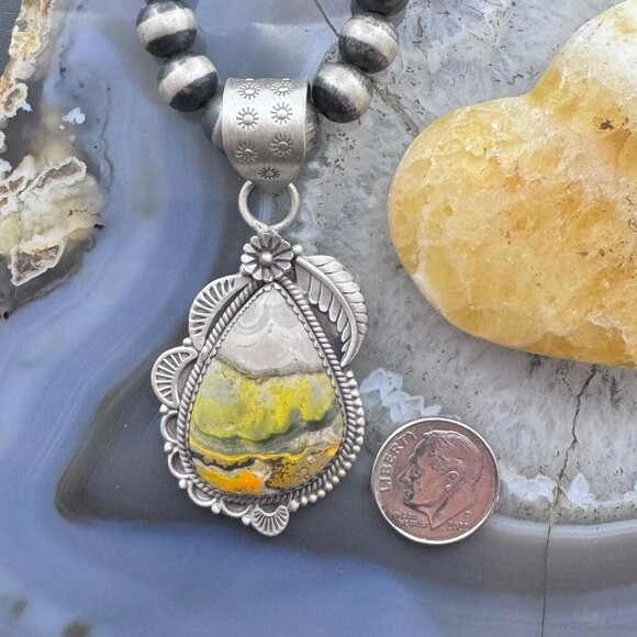 Sterling Silver Southwestern Style Teardrop Bumblebee Jasper Decorated Pendant - Picture 8 of 10